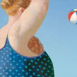 A light-skinned person with reddish hair in a blue polka dot swimming costume raises their arm, revealing underarm hair, against a clear sky—a moment reminiscent of Diver - Inkognito Postcards. A red, white, and blue beach ball floats nearby. Gate21.ee