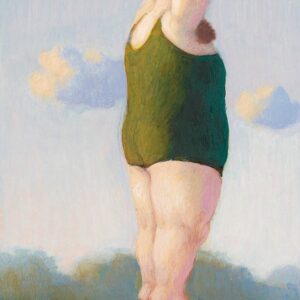 A person in a green swimming costume stands on a diving board, arms raised, about to dive—just like the whimsical Diver - Inkognito Postcards, set against a blue sky with fluffy clouds drifting by. Gate21.ee