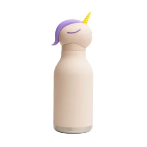 The Unicorn Bestie - 740ml is a beige ASOBU water bottle with a round unicorn head cap, featuring a yellow horn, purple mane, and sleek silver base. Gate21.ee