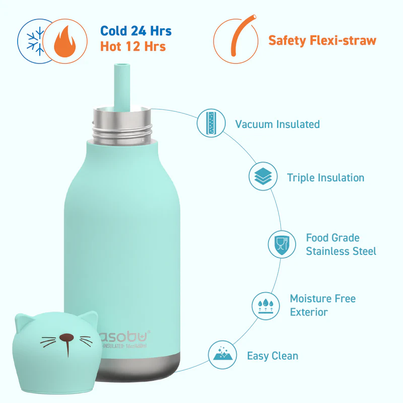 The Kitty Bestie - 740ml is a light blue water bottle with a stainless steel flexi-straw and cat-shaped cap. It keeps drinks cold for 24h or hot for 12h, features triple vacuum insulation, food-grade steel, is moisture-free and easy to clean. Gate21.ee