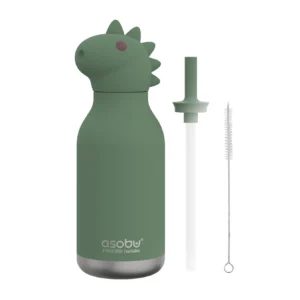 A green Dino Bestie - 740ml ASOBU water bottle shaped like a dinosaur features a red dot near the top, comes with a white straw, green silicone straw top, thin cleaning brush, and has the asobu brand name printed on it. Gate21.ee