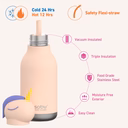 A light pink Unicorn Bestie - 740ml ASOBU water bottle with a metal cap is shown. Features: vacuum insulation, food grade stainless steel, BPA-free, easy to clean. Icons show it keeps drinks cold for 24h and hot for 12h. Gate21.ee