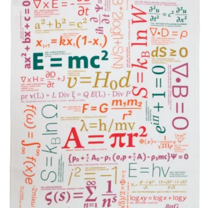The Equations - Tea Towel features a white design with colourful mathematical and physics equations, such as Einstein’s E=mc^2, trigonometric identities, and calculus formulae, from the Unemployed Philosophers Guild. Gate21.ee