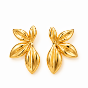A pair of Nalani - BØLD Earrings - Gold, designed in the shape of stylised leaves with three shiny, curved gold leaf forms clustered together on a white background. Gate21.ee