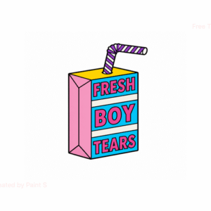 A pin featuring a brightly coloured design with a purple-striped straw and the words "FRESH BOY TEARS" in bold blue and pink letters on three separate lines. Gate21.ee