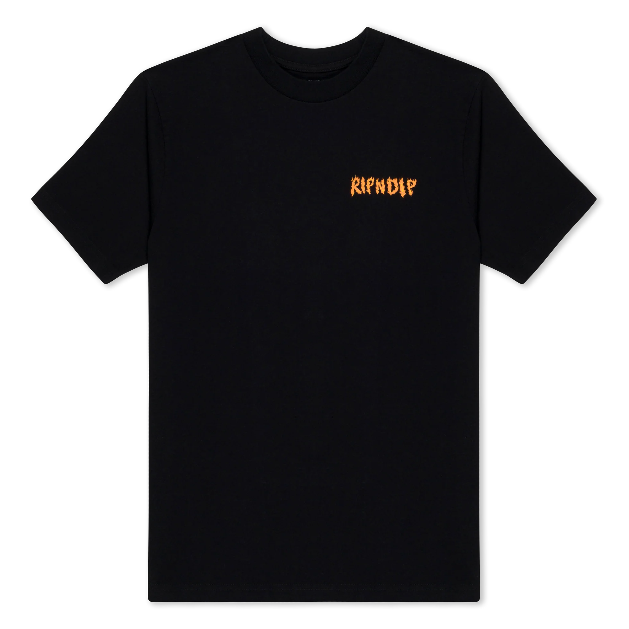The Burn Tee - Black Wash features "RIPNDIP" in bold orange letters on the left chest, set against a black washed background for a striking yet timeless RipnDip look. Gate21.ee