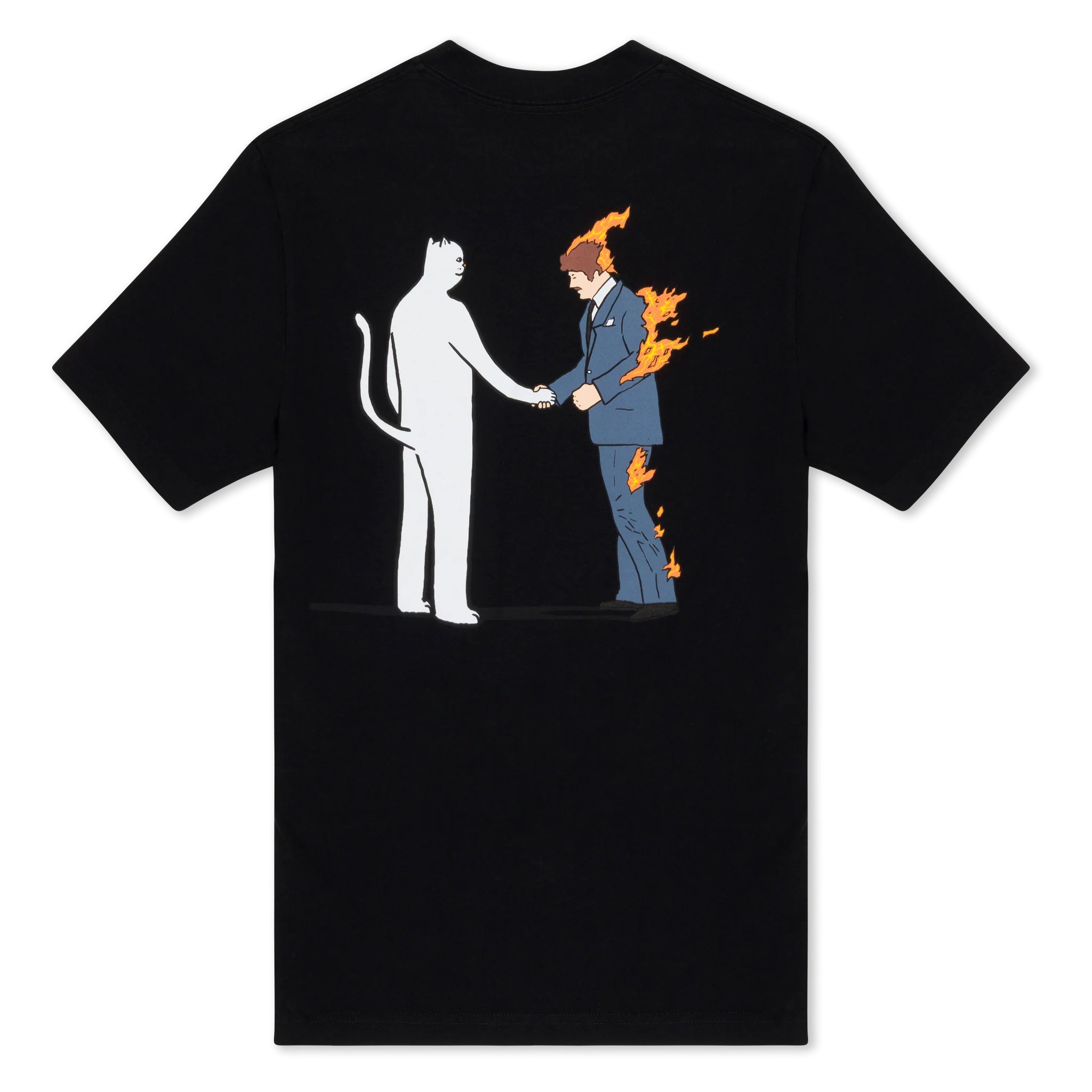 The Burn Tee - Black Wash features a white humanoid cat shaking hands with a man in a flaming suit, both facing each other on the back of this unique RipnDip shirt. Gate21.ee