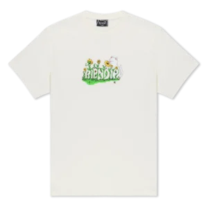 The Flower Boy Tee - Bone is a white short-sleeve tee with a small chest graphic showing green RIPNDIP text, cartoon flowers, and a white cat to the right, echoing playful details from the RIPNDIP Skelly Nerm Smokes Tee. Gate21.ee