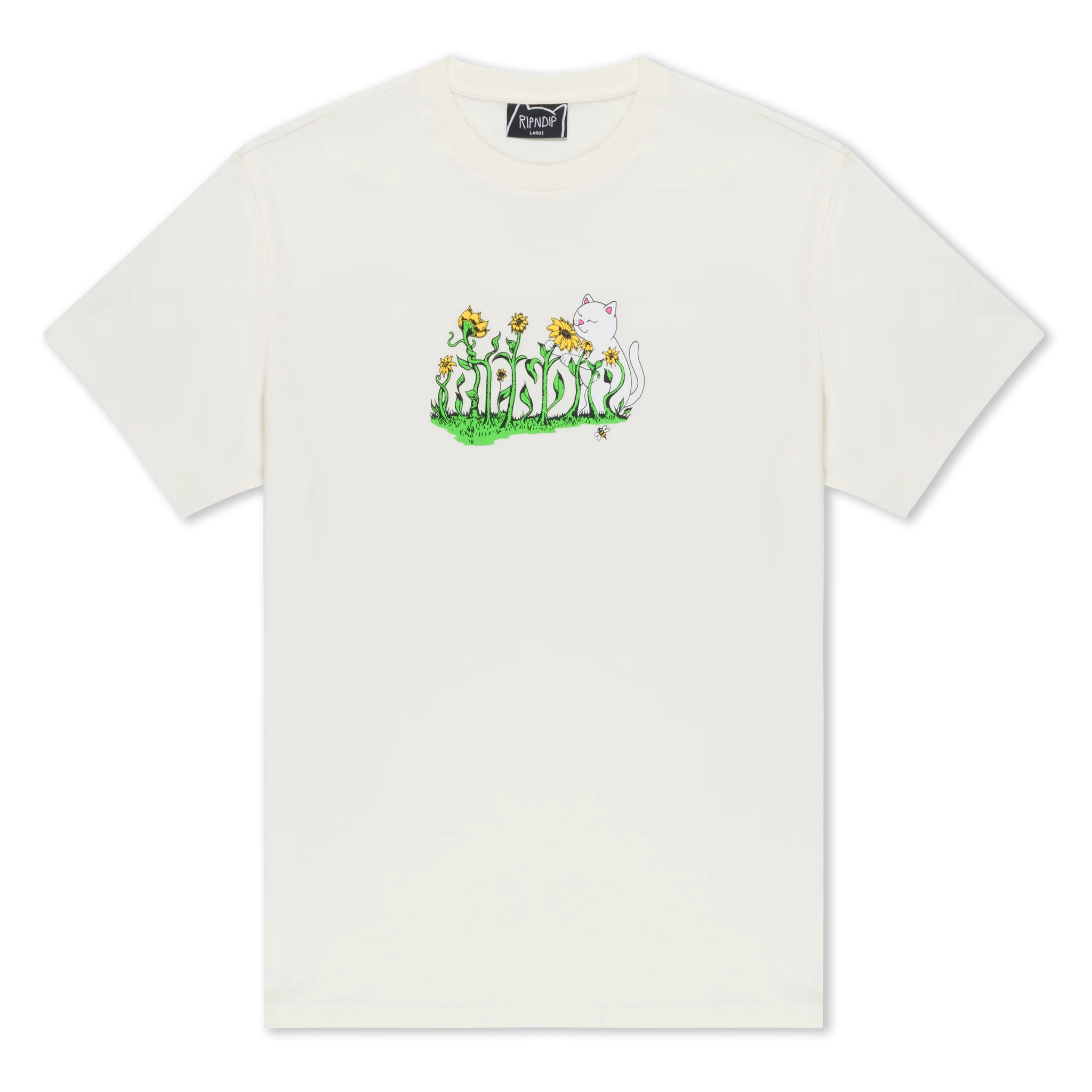 The Flower Boy Tee - Bone is a white short-sleeve tee with a small chest graphic showing green RIPNDIP text, cartoon flowers, and a white cat to the right, echoing playful details from the RIPNDIP Skelly Nerm Smokes Tee. Gate21.ee
