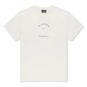 A plain white short-sleeve tee, the 9 Lives Tee - Bone features a small white cat with blue eyes and “You can’t kill me, I’ve got 9 lives” text—a classic RipnDip vibe inspired by the RIPnDIP Skelly Nerm Smokes Tee Black. Gate21.ee