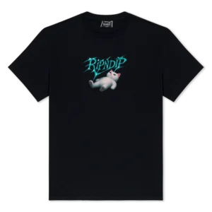 The Space Vision Tee - Black wash features "RIPNDIP" in electric blue above a playful white cat graphic, making it an eye-catching addition to any streetwear collection. Gate21.ee