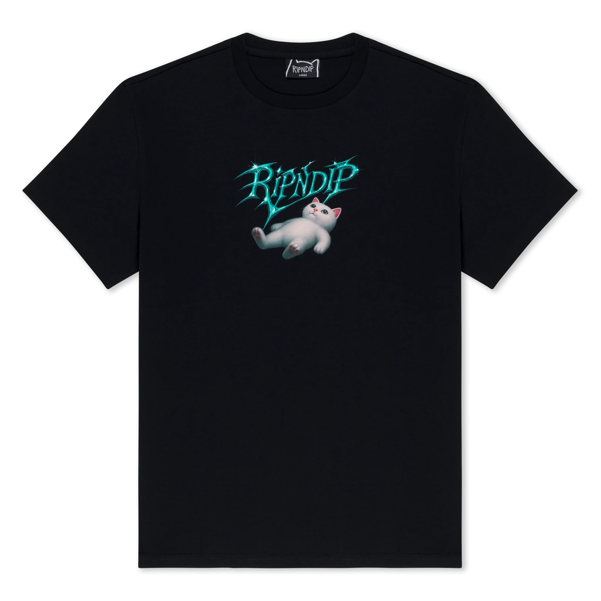 The Space Vision Tee - Black wash features "RIPNDIP" in electric blue above a playful white cat graphic, making it an eye-catching addition to any streetwear collection. Gate21.ee