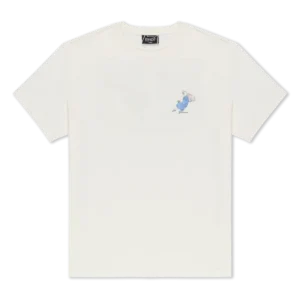 The Heaven and Hell Tee - Bone is a white short-sleeve shirt featuring a small, colourful graphic of a blue mouse with pink cheese on the left chest, inspired by RipnDip’s playful style. Finished with a classic black neck label. Gate21.ee