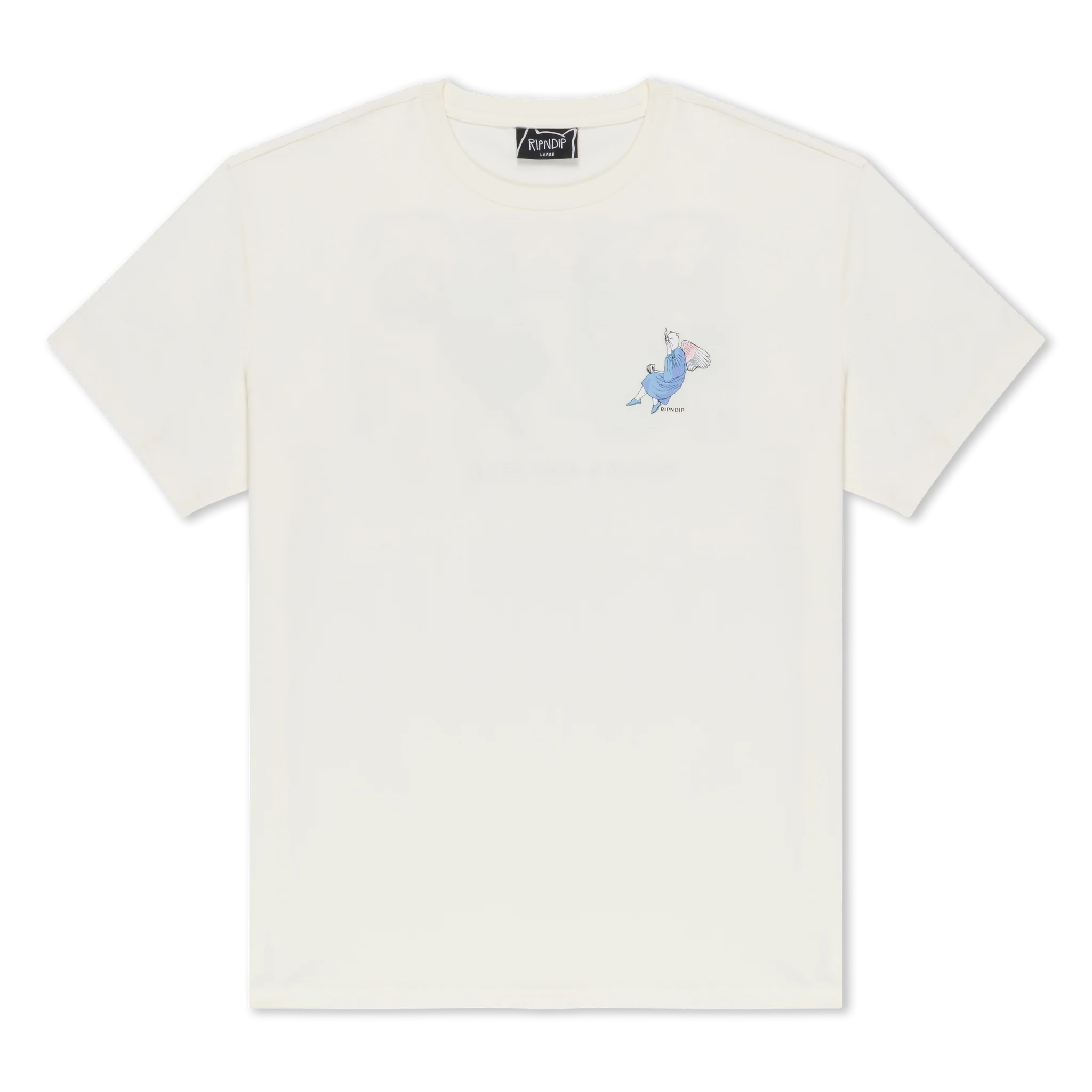 The Heaven and Hell Tee - Bone is a white short-sleeve shirt featuring a small, colourful graphic of a blue mouse with pink cheese on the left chest, inspired by RipnDip’s playful style. Finished with a classic black neck label. Gate21.ee