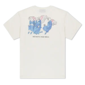 The Heaven and Hell Tee - Bone by RipnDip is a cream t-shirt with an illustration of three angels in blue robes and pink wings, seated together. "HEAVEN AND HELL" is printed in bold capitals beneath the artwork. Gate21.ee