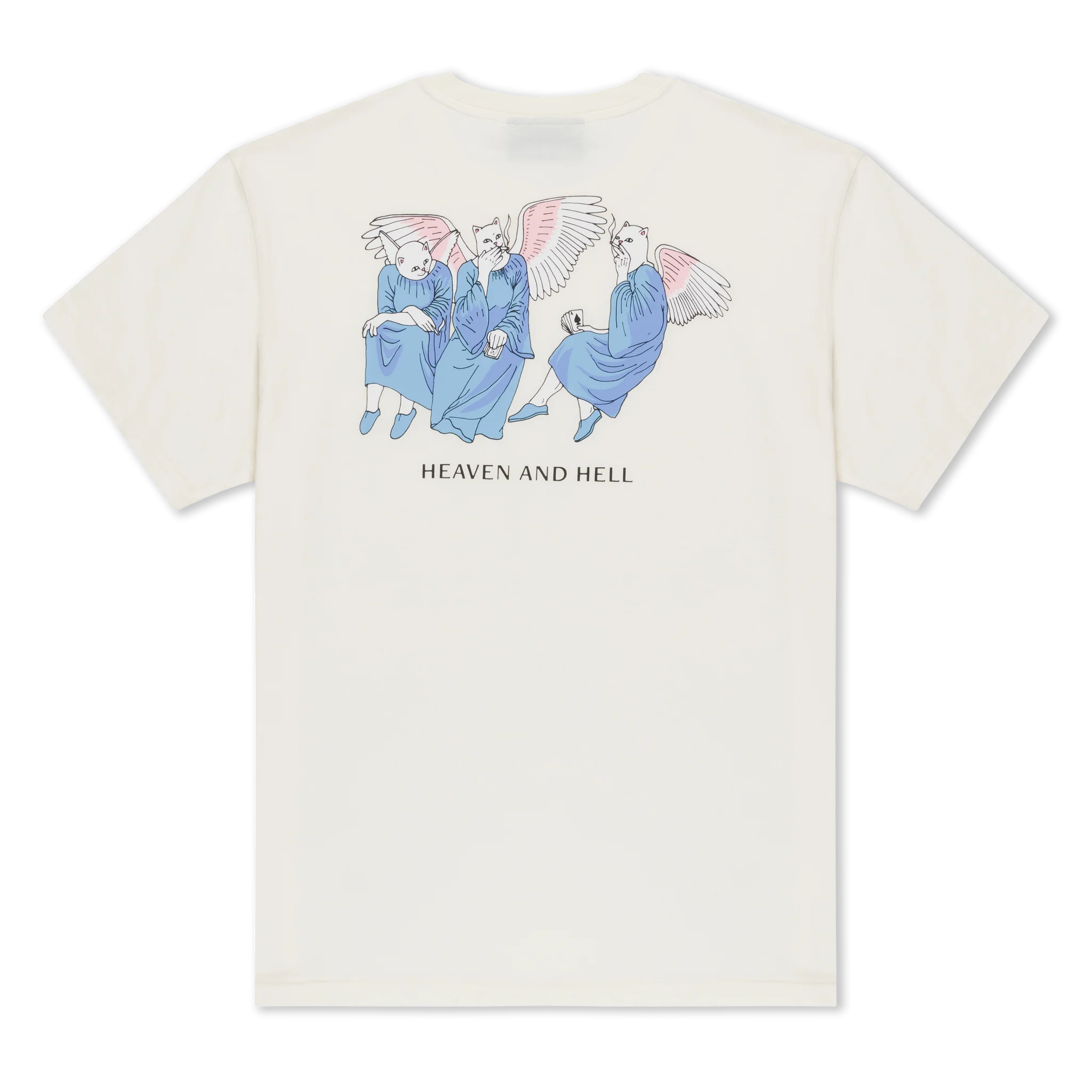 The Heaven and Hell Tee - Bone by RipnDip is a cream t-shirt with an illustration of three angels in blue robes and pink wings, seated together. "HEAVEN AND HELL" is printed in bold capitals beneath the artwork. Gate21.ee
