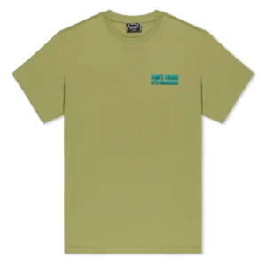 The Don’t Panic Tee - Light Forest is an olive green short-sleeve shirt featuring "DON'T PANIC IT'S ORGANIC" in blue and white on the left chest, a crew neckline, and a black RipnDip label at the collar. Inspired by the Skelly Nerm Smokes Tee. Gate21.ee