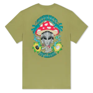 The Don’t Panic Tee - Light Forest is an olive green shirt with a grey alien wearing a red and white mushroom hat, sunflowers, blue clouds, “PSYCHEDELIC” above, and “Don’t Panic, It’s Organic” below—vibes like the RIPnDIP Skelly Nerm Smokes Tee. Gate21.ee