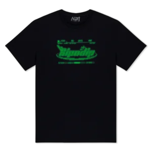 The Technologic Tee - Black features a green digital-style Kinoki graphic in a pixelated font, framed by menu icons and progress bars, creating a computer interface vibe. Gate21.ee