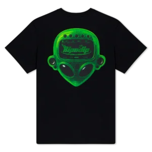 The Technologic Tee - Black by RipnDip features a bold green alien head graphic with circuit-like details and "Ripndip" across the forehead, capturing the standout style of the brand. Gate21.ee