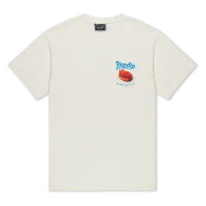 A white short-sleeve Best Meat Tee - Bone with a small blue Ripndip logo, a red sushi tray graphic, and blue "The Best Roll In Town" text on the left chest, inspired by the RIPnDIP Skelly Nerm Smokes Tee Black. Gate21.ee