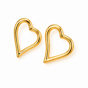 A pair of Love - BØLD Earrings - Gold, featuring a heart-shaped open outline design, displayed on a white background. The earrings have a smooth, shiny finish and are positioned side by side with slight tilts. Gate21.ee