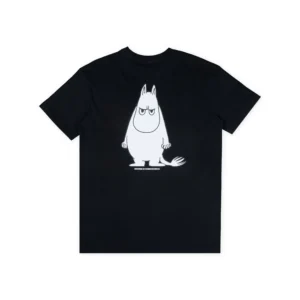 The Moomin Ts - Moomintroll Temper is a black short-sleeve T-shirt featuring a large white Moomintroll with an unimpressed expression printed on the back. Gate21.ee