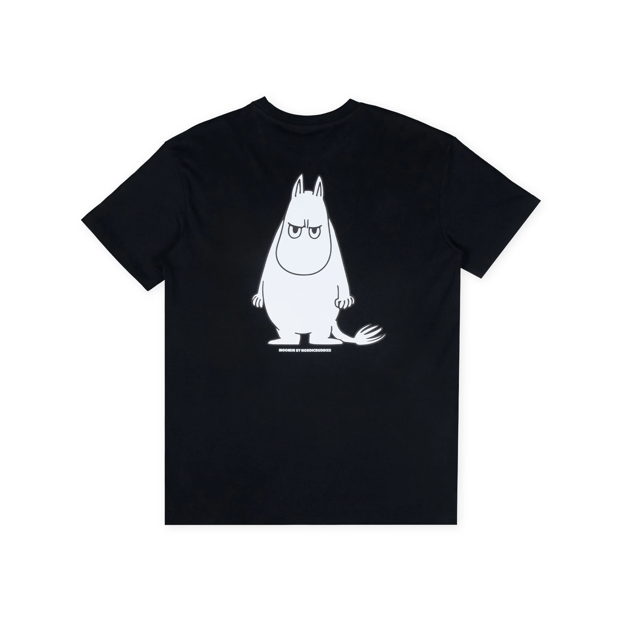 The Moomin Ts - Moomintroll Temper is a black short-sleeve T-shirt featuring a large white Moomintroll with an unimpressed expression printed on the back. Gate21.ee
