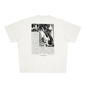 A white short-sleeve "Moomin Ts - Novels" T-shirt is laid flat, showcasing a large black-and-white back graphic with two columns of text and two sci-fi inspired images. Gate21.ee