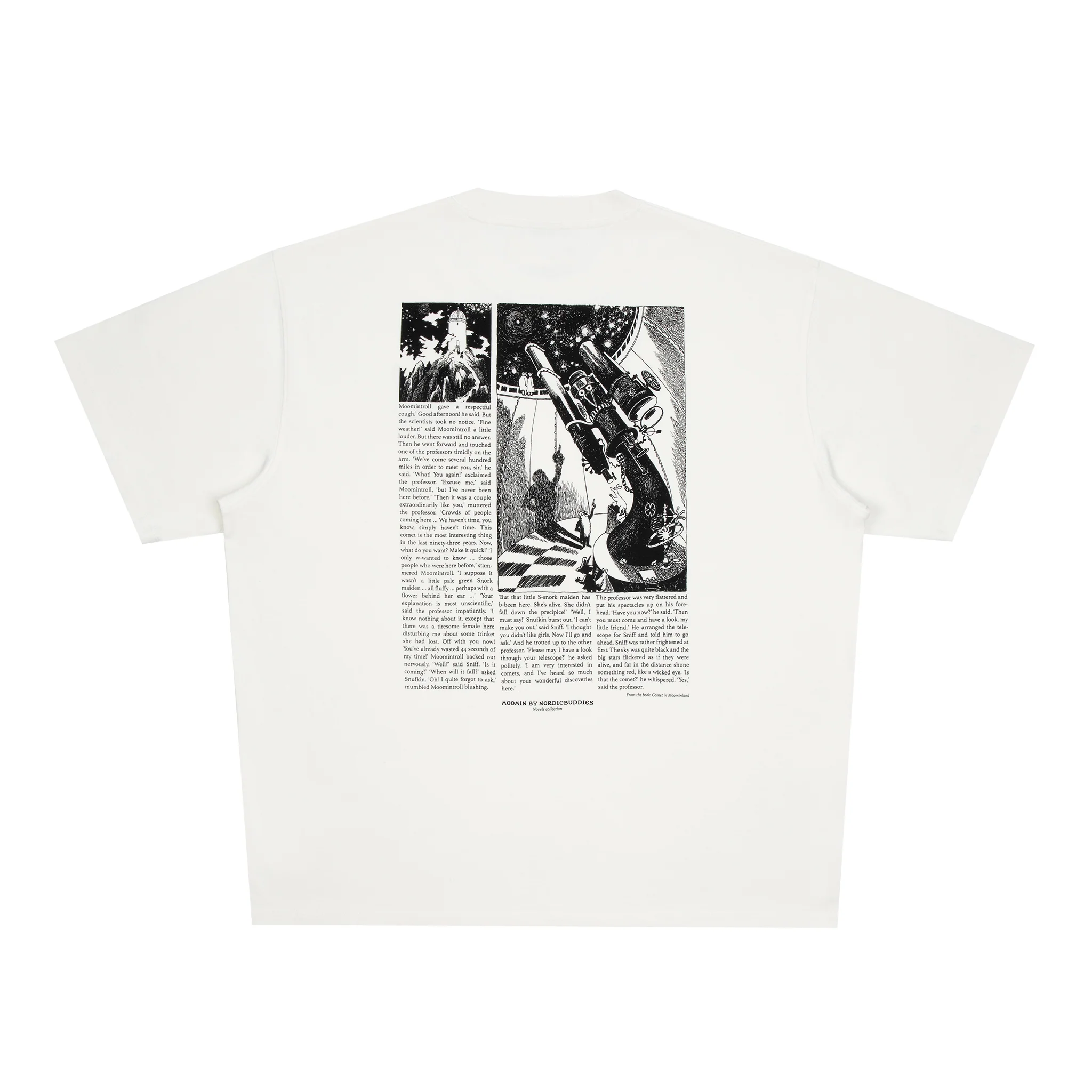 A white short-sleeve "Moomin Ts - Novels" T-shirt is laid flat, showcasing a large black-and-white back graphic with two columns of text and two sci-fi inspired images. Gate21.ee