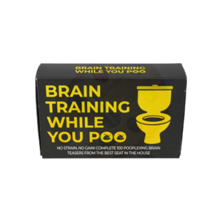 A black box with yellow "BRAIN TRAINING WHILE YOU POO" text and a toilet graphic. It contains 100 poo-themed brain teasers, making Brain Training while you Poo - Cards the ideal Food and Drink Trivia Card Game for loo breaks. Gate21.ee