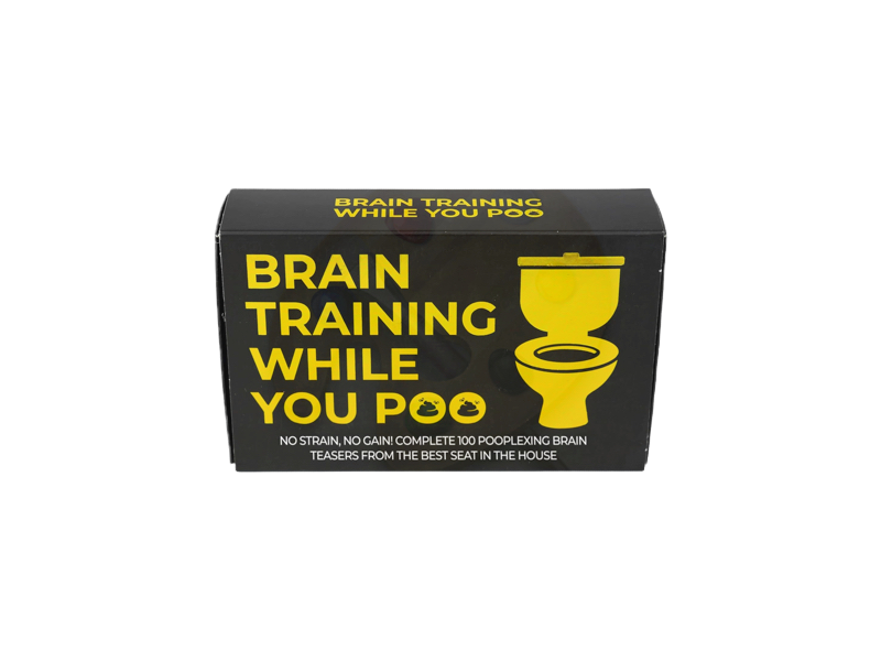 A black box with yellow "BRAIN TRAINING WHILE YOU POO" text and a toilet graphic. It contains 100 poo-themed brain teasers, making Brain Training while you Poo - Cards the ideal Food and Drink Trivia Card Game for loo breaks. Gate21.ee
