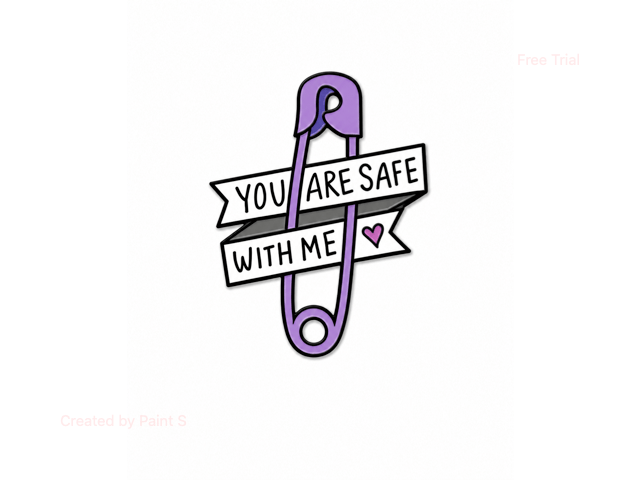 The Safe with Me - Pin features a drawing of a purple safety pin with two white banners reading "You are safe with me" in black letters and includes a small purple heart beside the text. Gate21.ee
