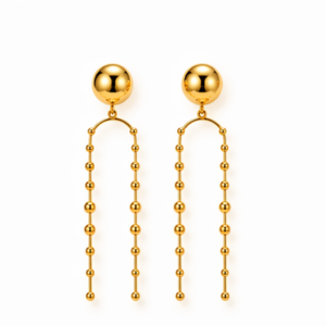 The Nalani - BØLD Earrings in gold feature round studs with two vertical, beaded chains suspended from a curved bar on each earring, showcased against a plain white background. Gate21.ee