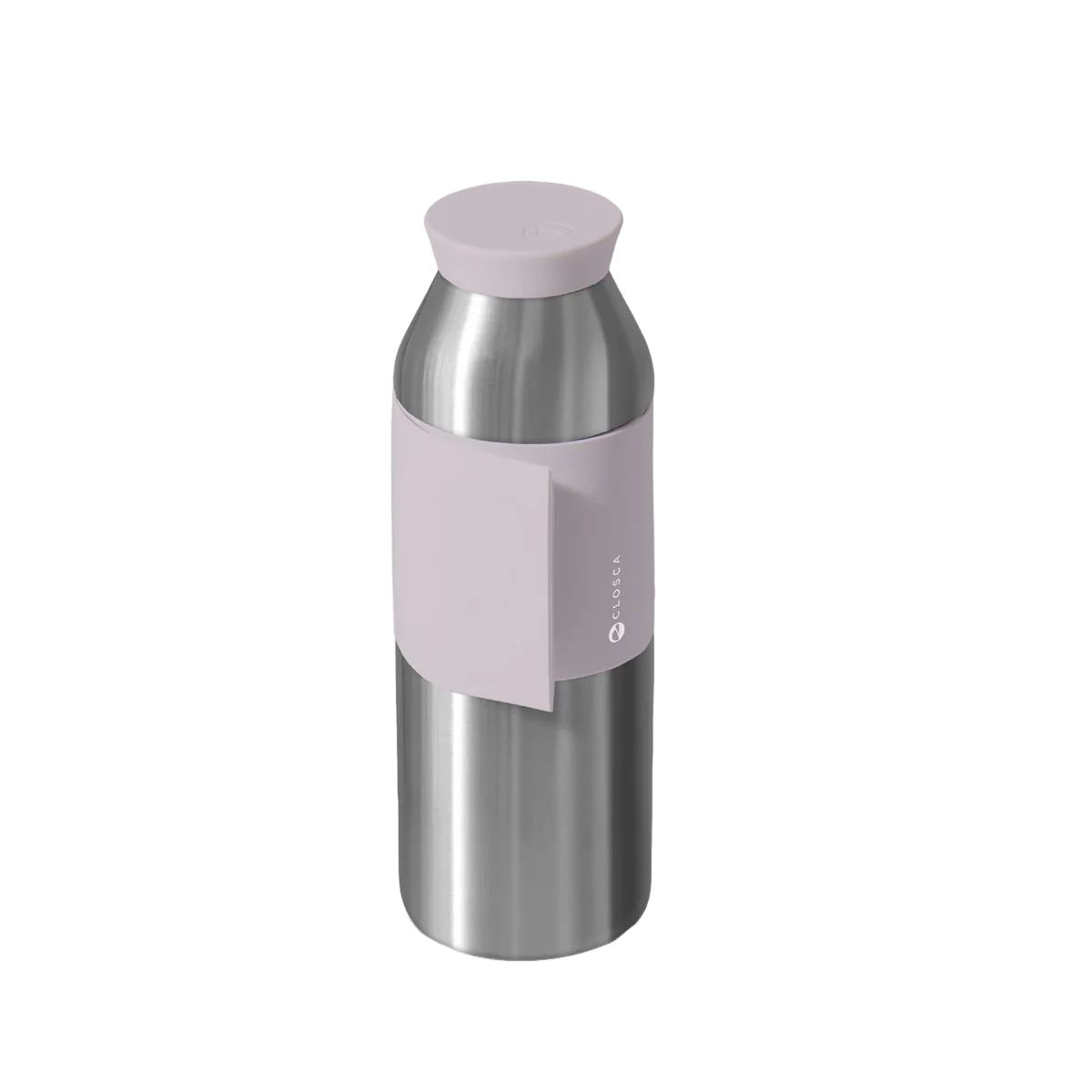 The Closca Wave - Metal Himalaya bottle features a stainless steel body, light lavender cap, and matching silicone sleeve with a white logo and text, all set against a plain white background to highlight its stylish design. Gate21.ee