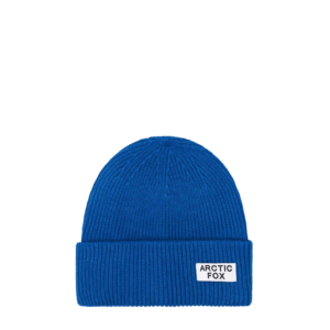 The Recycled Bottle Beanie - Ocean Blue features a folded brim and a white patch with bold black "ARCTIC FOX" lettering. This classic blue knitted beanie is ideal for Arctic Fox fans, showcased on a plain, light-coloured background. Gate21.ee