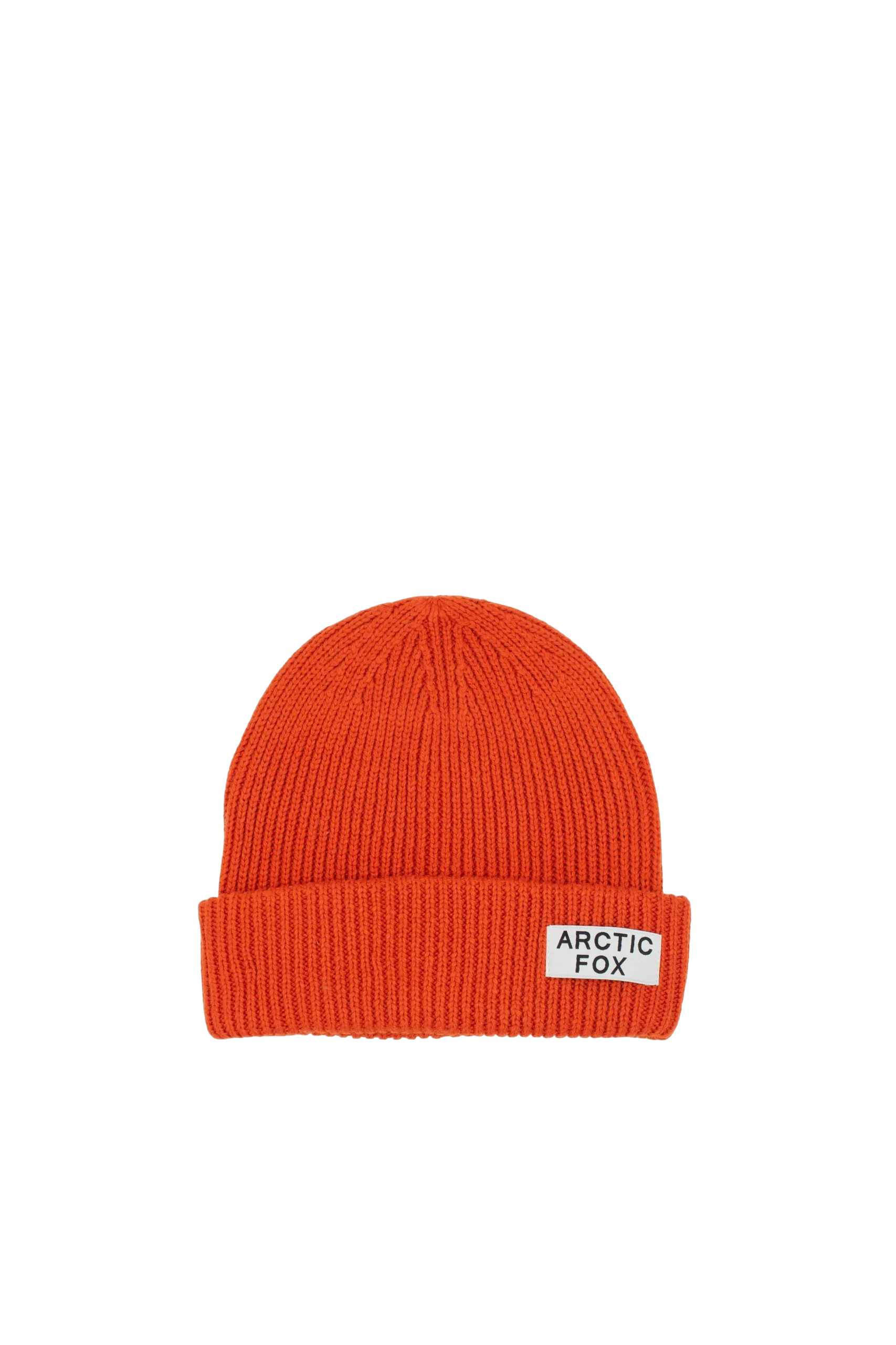 The Recycled Bottle Beanie - Coral from the Arctic Fox collection is a bright orange ribbed knit beanie with a folded brim and a white ARCTIC FOX patch on the front, shown against a plain white background. Gate21.ee