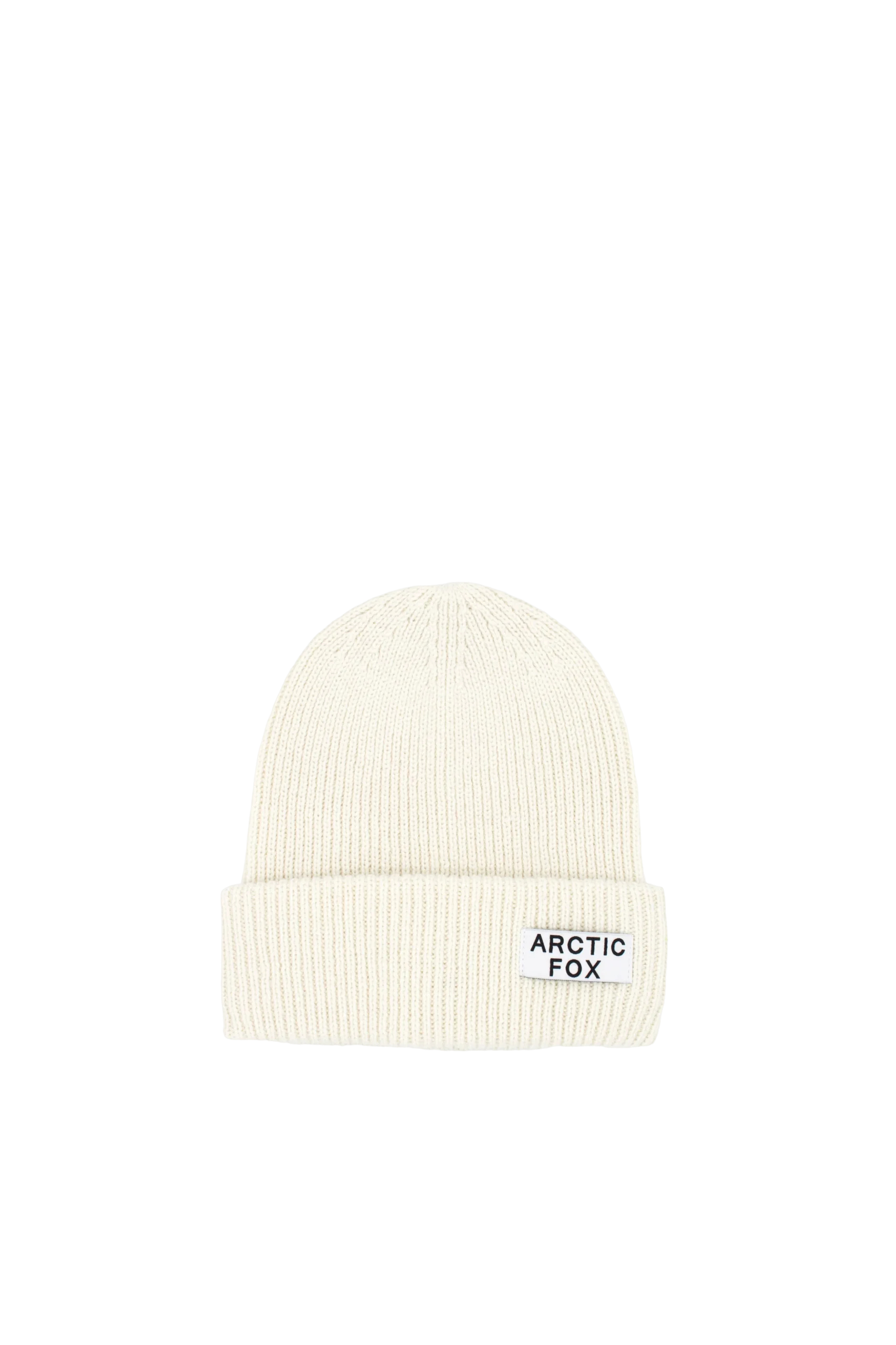A Winter White Recycled Bottle Beanie with a folded brim and a small rectangular “ARCTIC FOX” patch on the front—an iconic Arctic Fox detail. Background: solid light grey. Gate21.ee