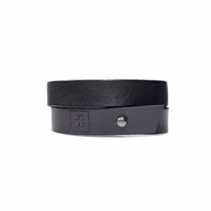 An ERER - Simple double wrap bracelet is displayed next to a black leather belt with a metal stud and embossed logo, both set against a plain white background. Gate21.ee