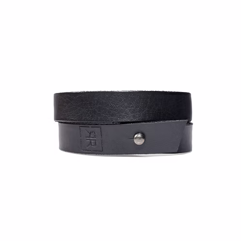 An ERER - Simple double wrap bracelet is displayed next to a black leather belt with a metal stud and embossed logo, both set against a plain white background. Gate21.ee