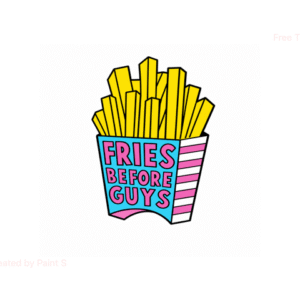 A cartoon pin of yellow chips in a pink, blue, and white striped box with "Chips before Chaps" in bold on the front. Gate21.ee