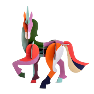The Giant Unicorn is a vibrant, abstract sculpture made of interlocking paper or cardboard pieces&mdash;an eye-catching display piece, perfect for gift shops or anyone looking for a unique and colourful decor idea. Gate21.ee