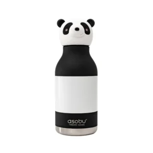 The Panda Bestie - 740ml is a reusable ASOBU water bottle with a black and white design, panda-shaped lid, stainless steel bottom for durability, and the asobu logo printed near the base. Gate21.ee