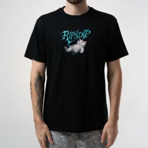 A person wears the Space Vision Tee - Black wash. Only their torso and arms are visible. Gate21.ee