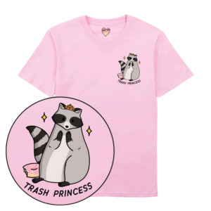 The Rubbish Princess T-Shirt - Pink features a crowned raccoon graphic and &ldquo;RUBBISH PRINCESS&rdquo; text. With unique Estonian design flair, it's perfect for Tallinn shopping or as a quirky gift shop find. Gate21.ee