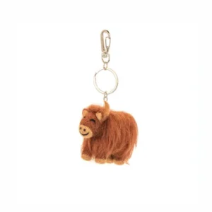 The Highland Cow - Felt key ring features a small, brown, fluffy yak-like toy with a smiling face. It comes with a metal ring and clasp at the top. The background is plain white. Gate21.ee