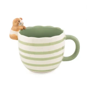 The Guinea Pig - Cup is a ceramic mug with green and white stripes, a green handle, and a small sculpted guinea pig sitting on the rim. Gate21.ee