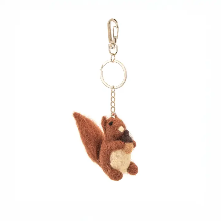 The Squirrel - Felt keyring features a small brown felt squirrel holding an acorn, attached to a metal keyring and clasp, shown against a plain white background. Gate21.ee