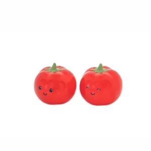 The Tomato - Salt & Pepper Shakers set features two red ceramic tomatoes with green stalks and cartoon-style faces—one smiling with both eyes open and the other winking—all displayed on a plain white background. Gate21.ee