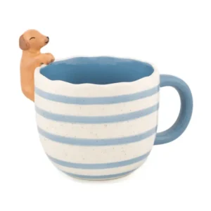 The Sausage Dog - Cup is a ceramic mug with blue and white stripes, a blue handle, a brown dog figurine peeking over the rim, and a blue interior. Gate21.ee